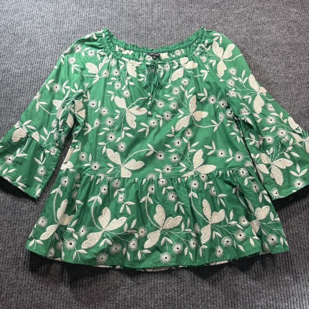 John Mark Blouse Shirt Tunic Womens Large Green Eyelet Embroidered Peasant Boho